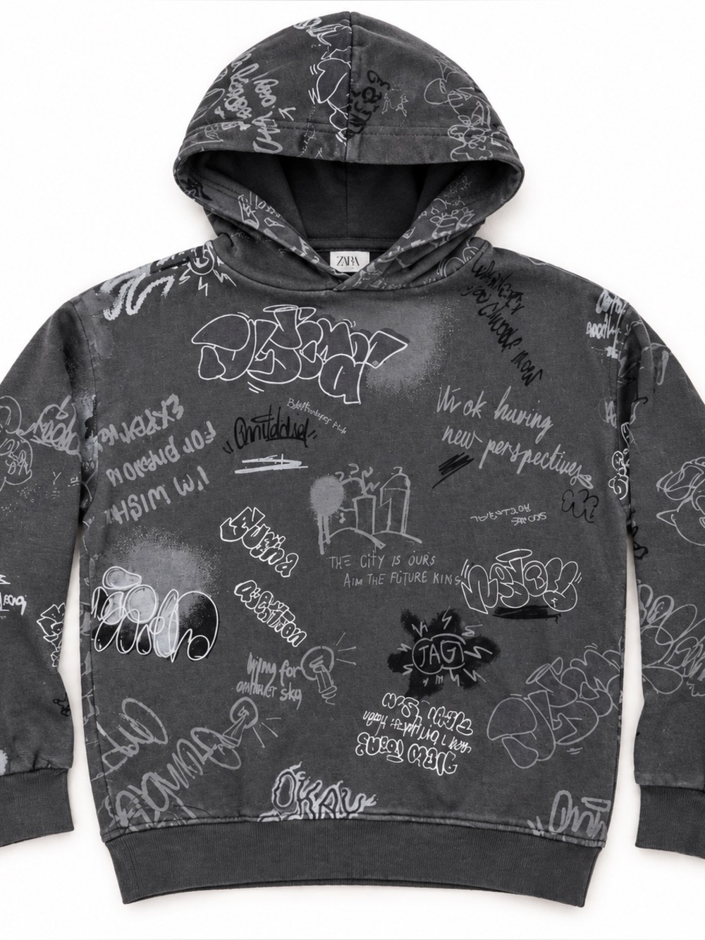 Zara Kids Charcoal Gray Graffiti Print Hoodie Sweatshirt 11/12